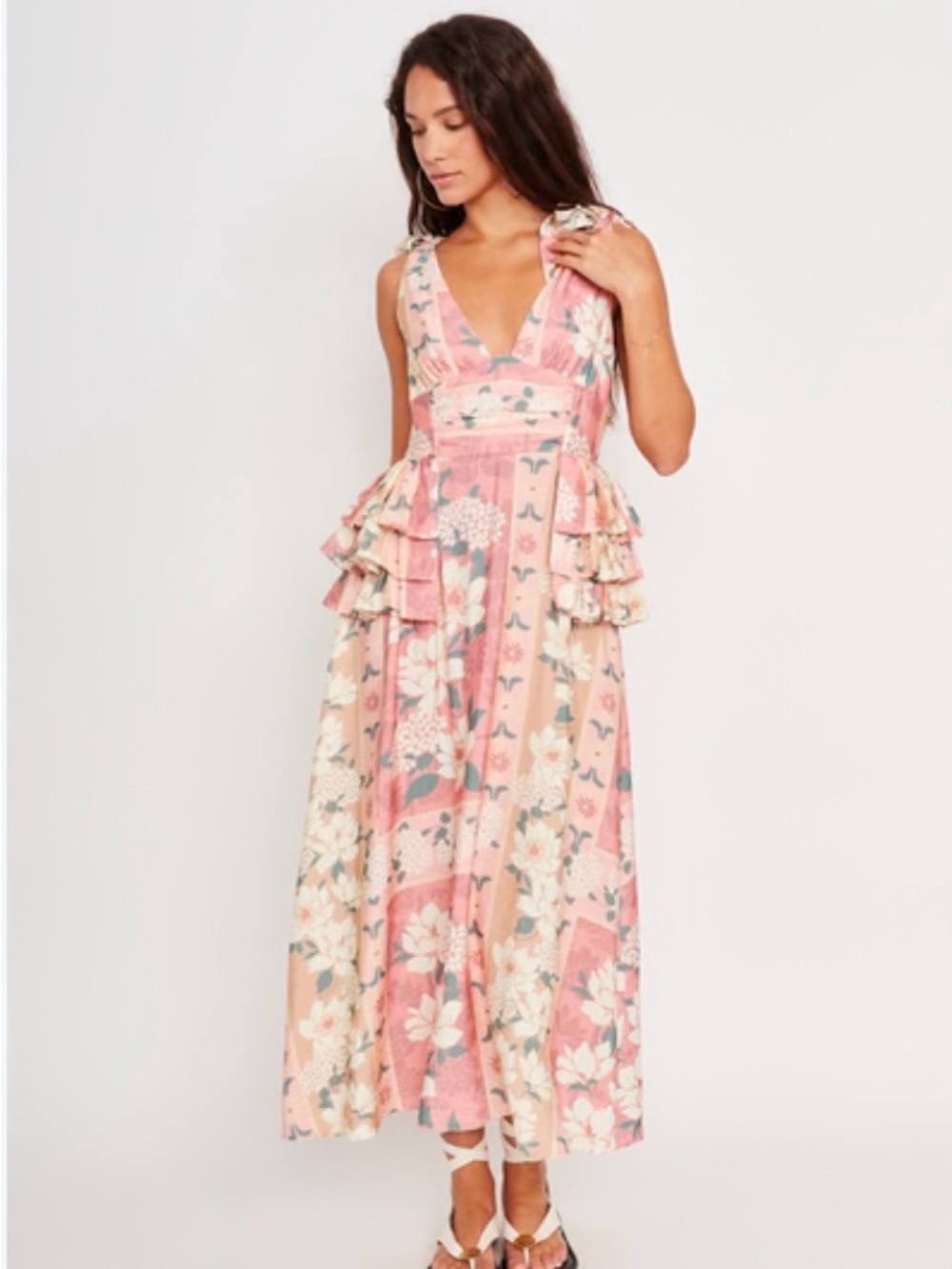 Sleeveless Pink Floral V-Neck Maxi Dress with Tiered Side Ruffles